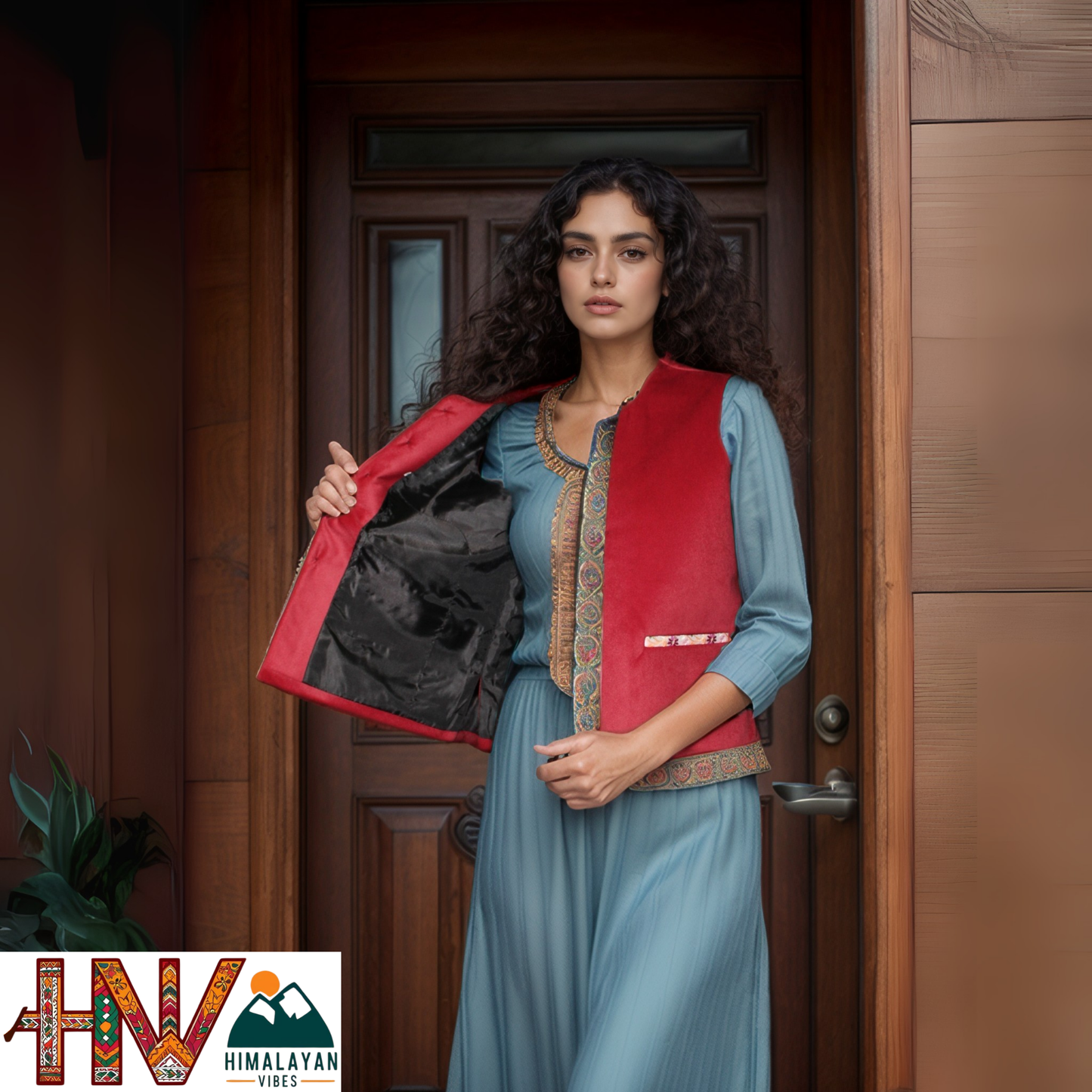 Himachali Red Sadri with embroidered Lace for Women - Martin Fabric Ethnic Half Jacket with Pockets