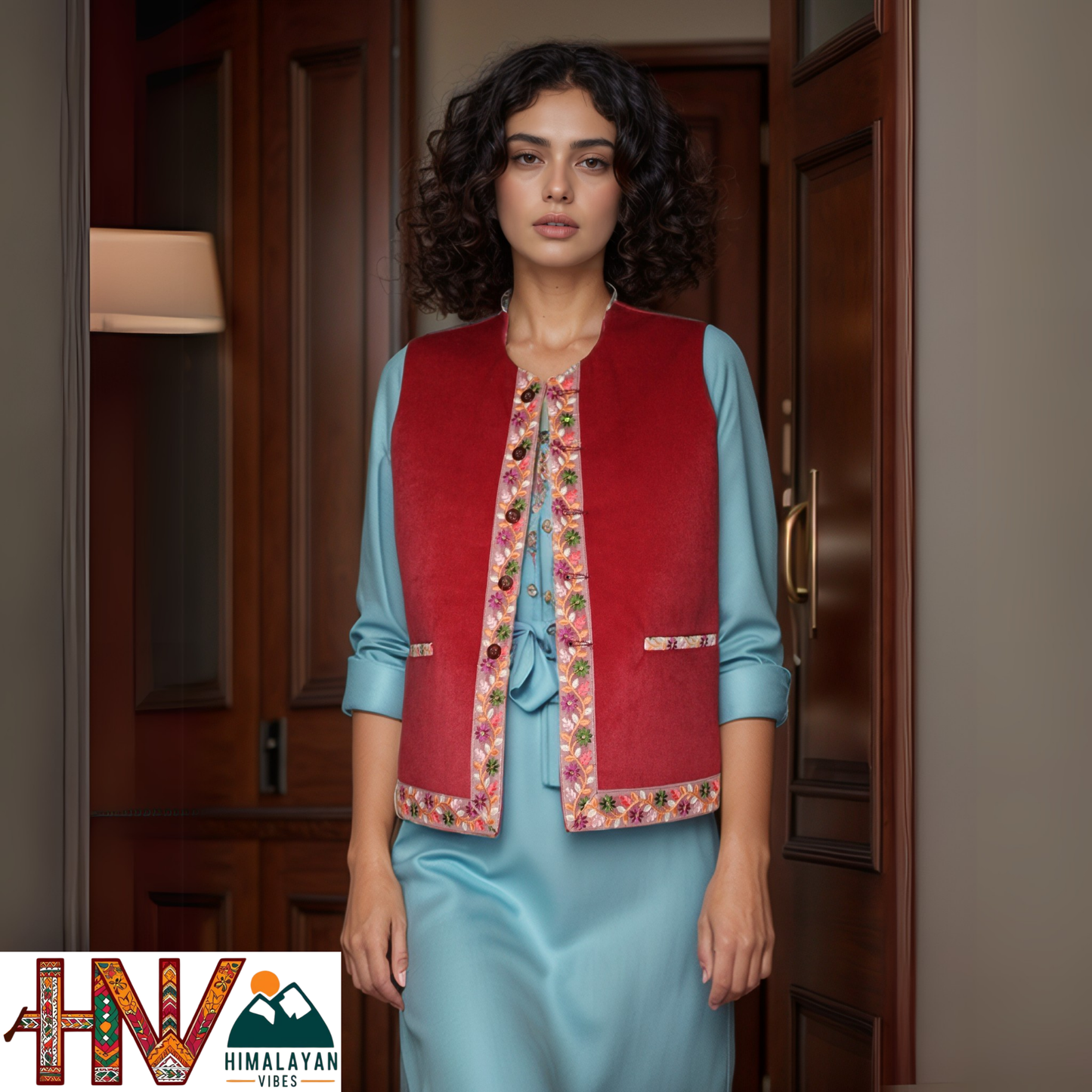 Himachali Red Sadri with embroidered Lace for Women - Martin Fabric Ethnic Half Jacket with Pockets