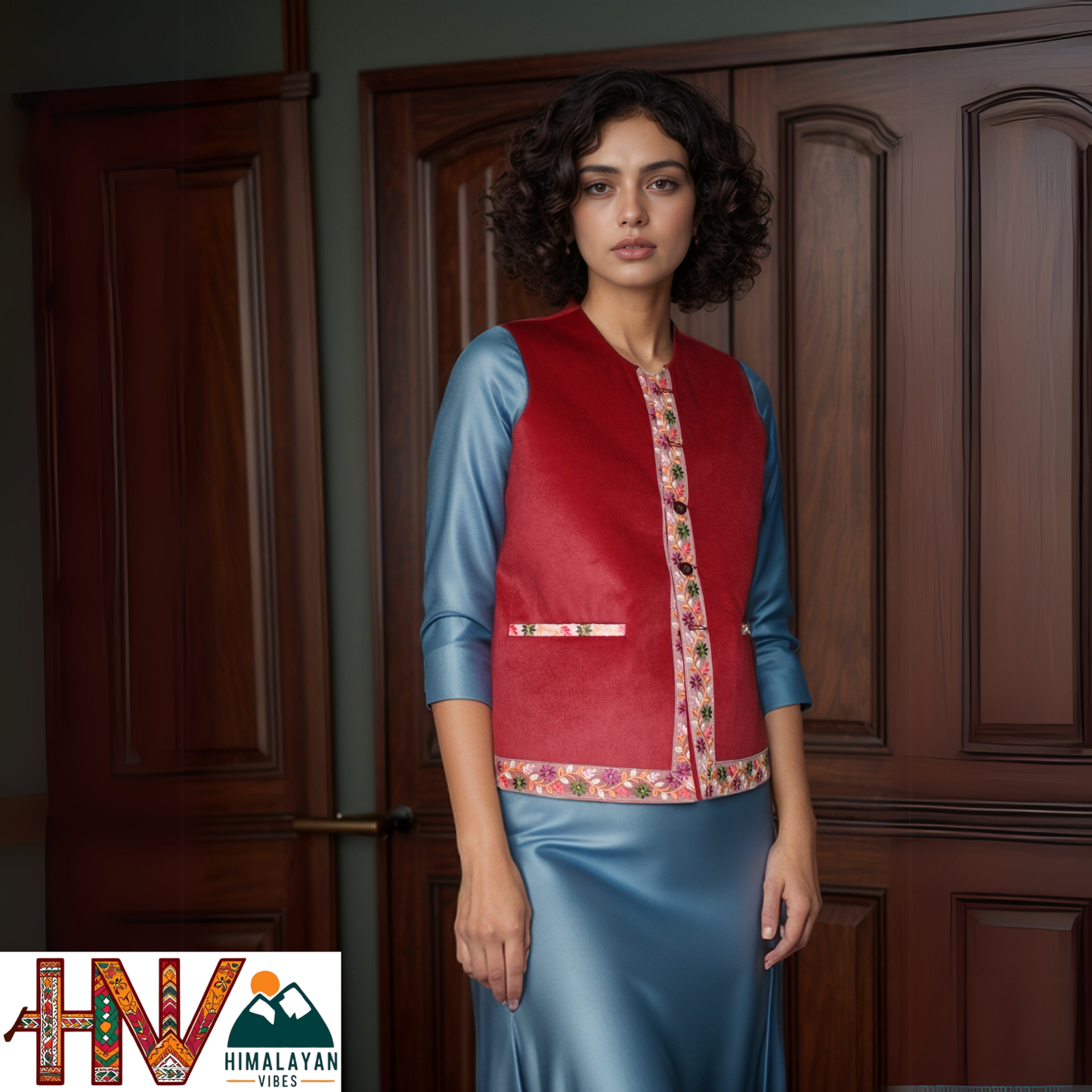 Himachali Red Sadri with embroidered Lace for Women - Martin Fabric Ethnic Half Jacket with Pockets