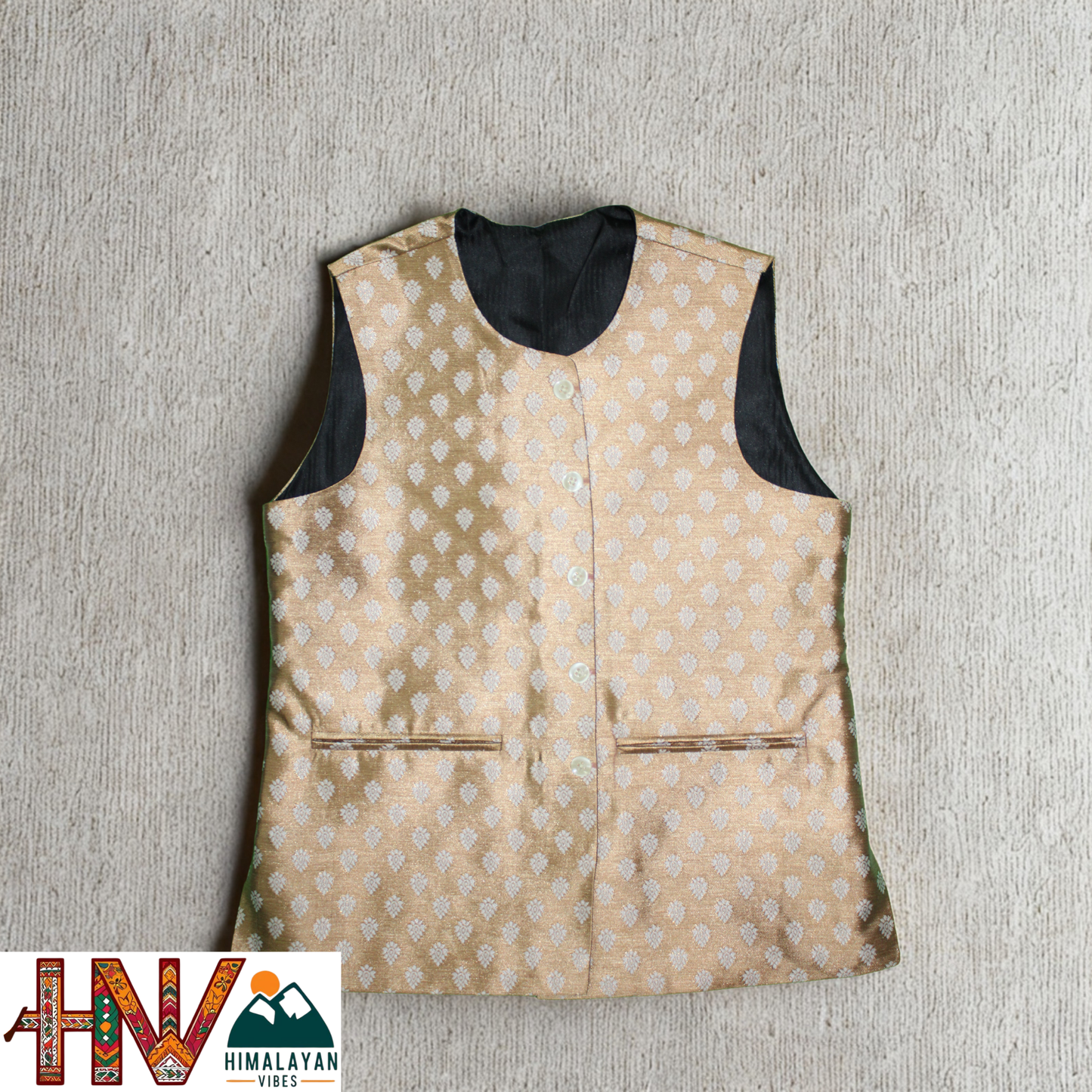 Golden Brown Printed Brocade Sadri for Women - Handmade Slim Fit Sleeveless Ethnic Jacket with Pockets