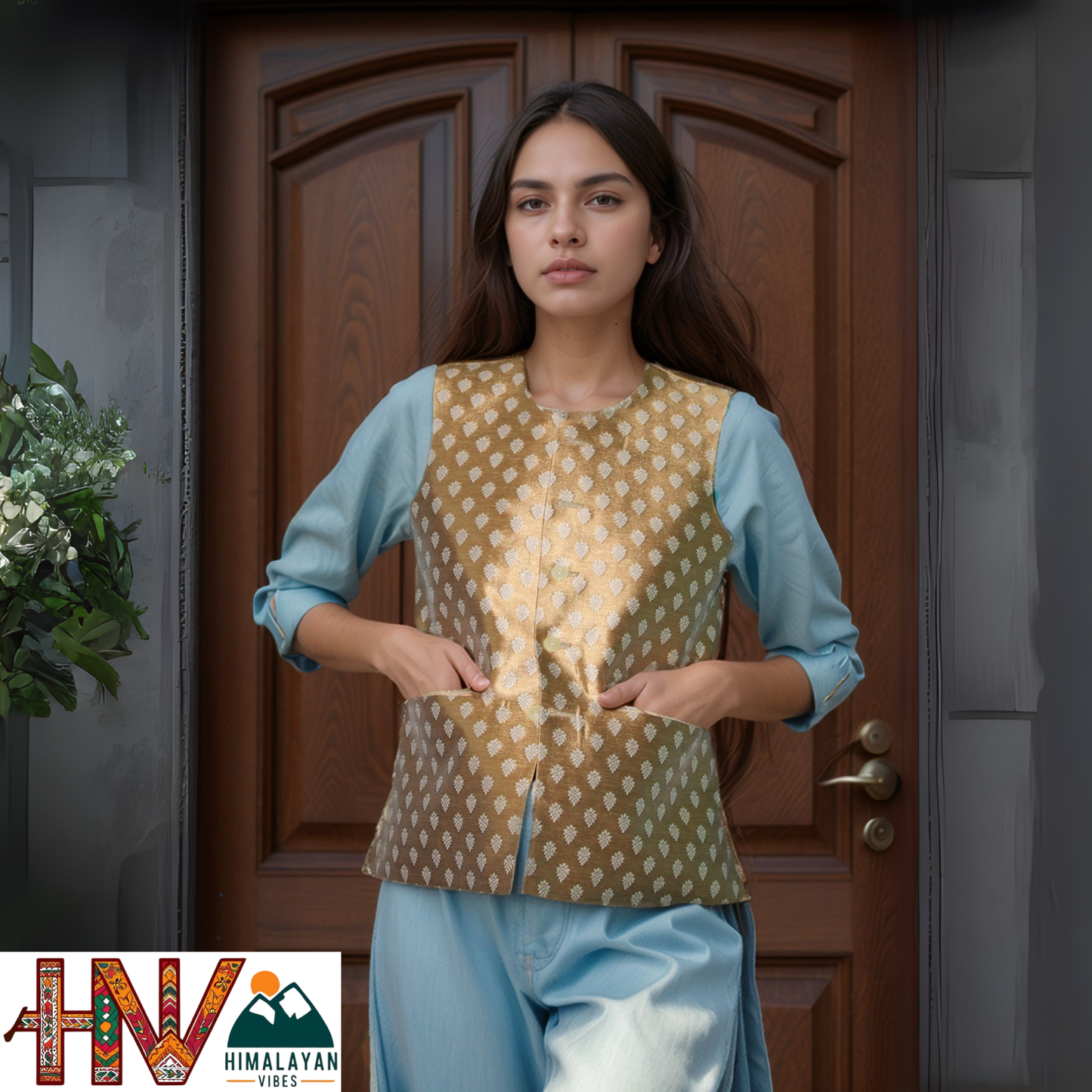 Golden Brown Printed Brocade Sadri for Women - Handmade Slim Fit Sleeveless Ethnic Jacket with Pockets