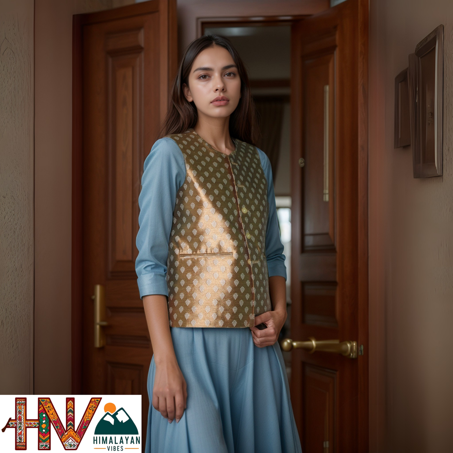Golden Brown Printed Brocade Sadri for Women - Handmade Slim Fit Sleeveless Ethnic Jacket with Pockets