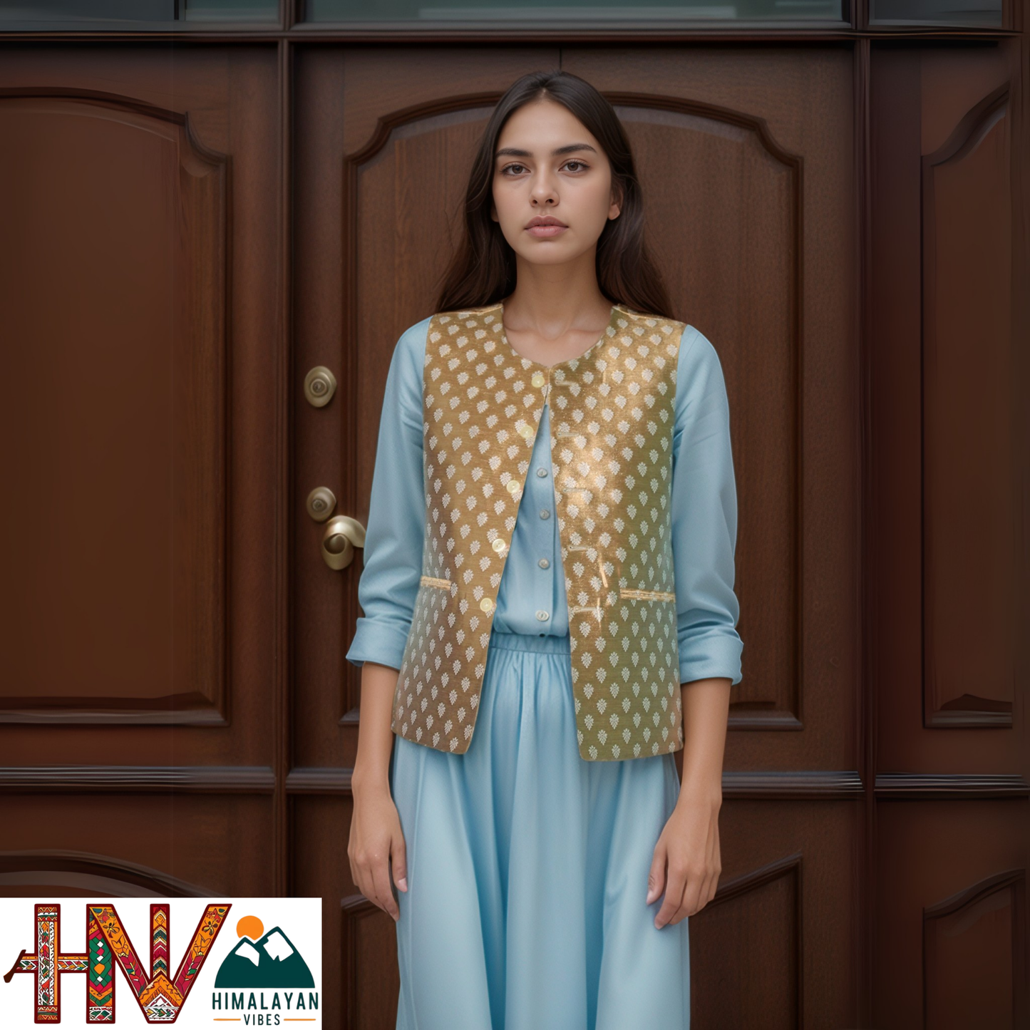 Golden Brown Printed Brocade Sadri for Women - Handmade Slim Fit Sleeveless Ethnic Jacket with Pockets