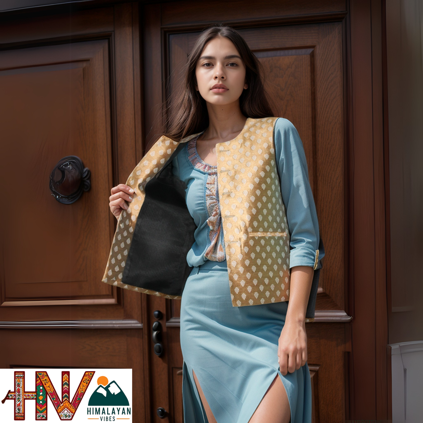 Golden Brown Printed Brocade Sadri for Women - Handmade Slim Fit Sleeveless Ethnic Jacket with Pockets
