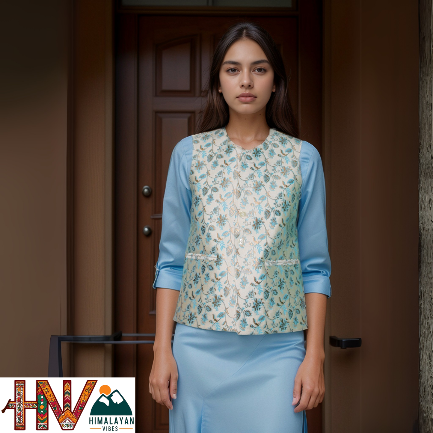 Women's Printed Sadri with Blue pattern - Elegant Brocade Festive Wear with Inner Pockets