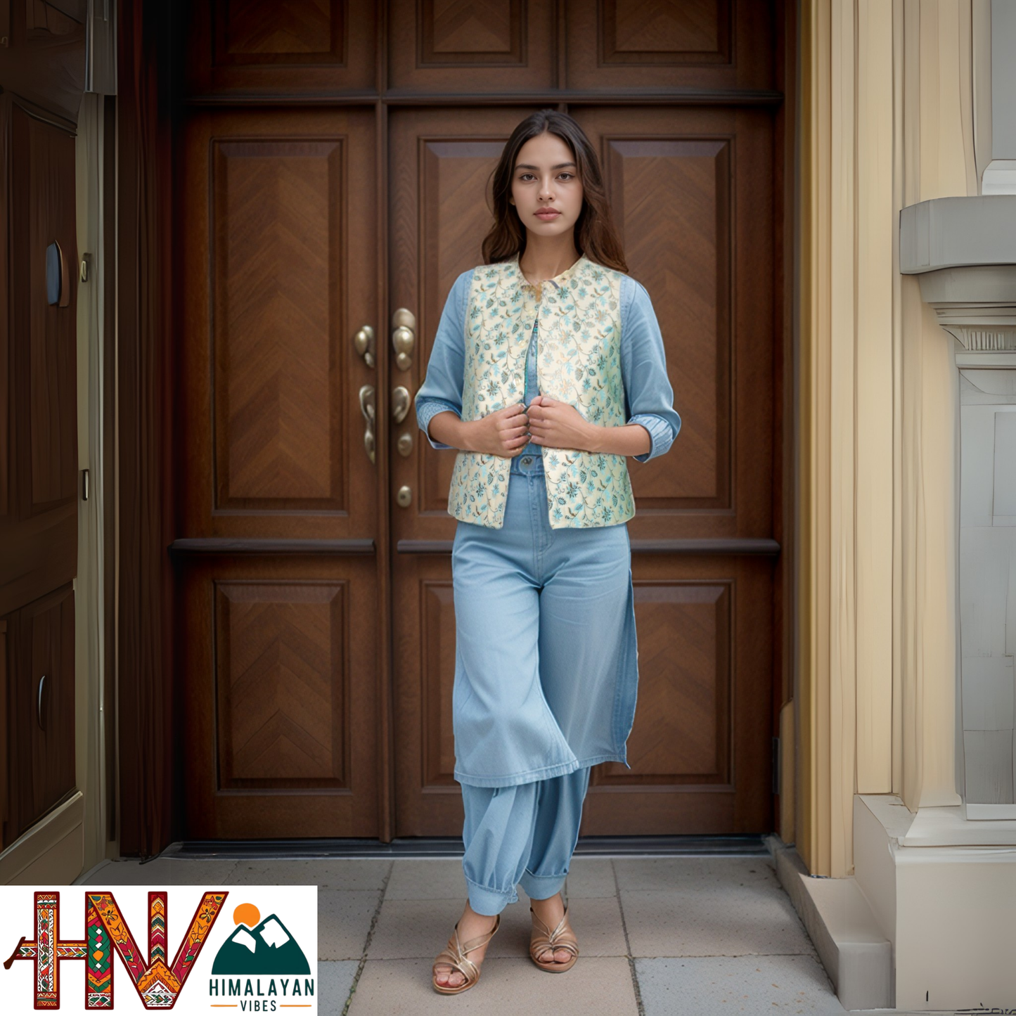 Women's Printed Sadri with Blue pattern - Elegant Brocade Festive Wear with Inner Pockets