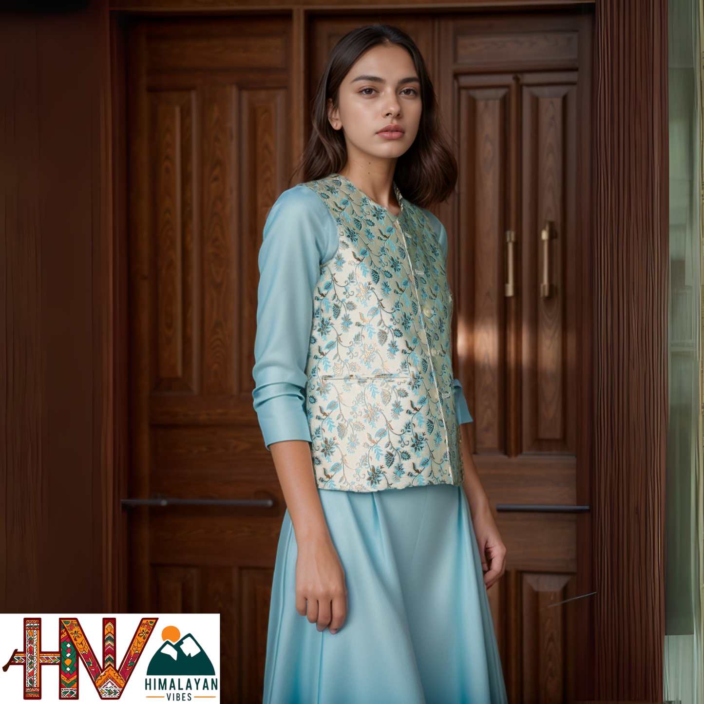 Women's Printed Sadri with Blue pattern - Elegant Brocade Festive Wear with Inner Pockets