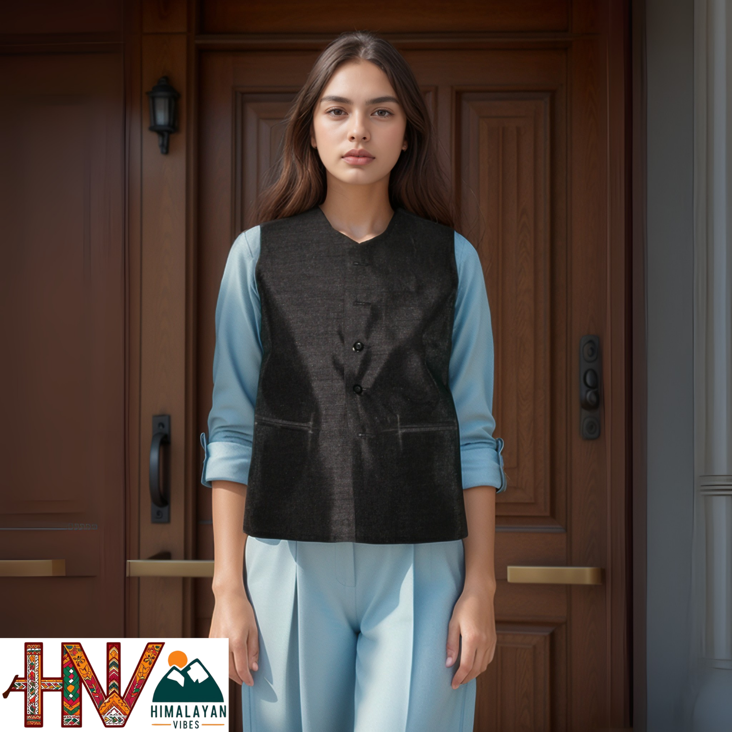 Handcrafted Black Sadri for Women - Premium Raw Silk, U-Neck Design, Slim Fit Ethnic Wear