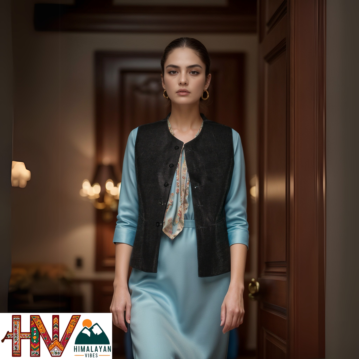 Handcrafted Black Sadri for Women - Premium Raw Silk, U-Neck Design, Slim Fit Ethnic Wear