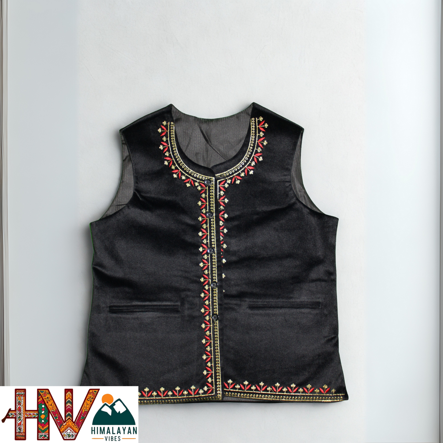 Handcrafted-Embroidered Black Himachali Sadri (Jacket) for Women - Martin Fabric Ethnic Half Jacket with Pockets