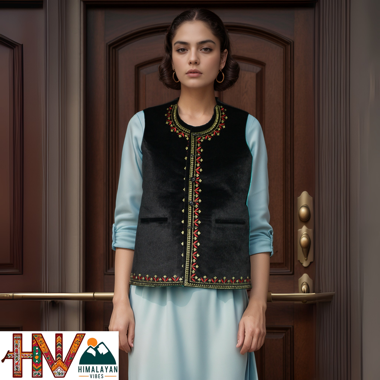 Handcrafted-Embroidered Black Himachali Sadri (Jacket) for Women - Martin Fabric Ethnic Half Jacket with Pockets