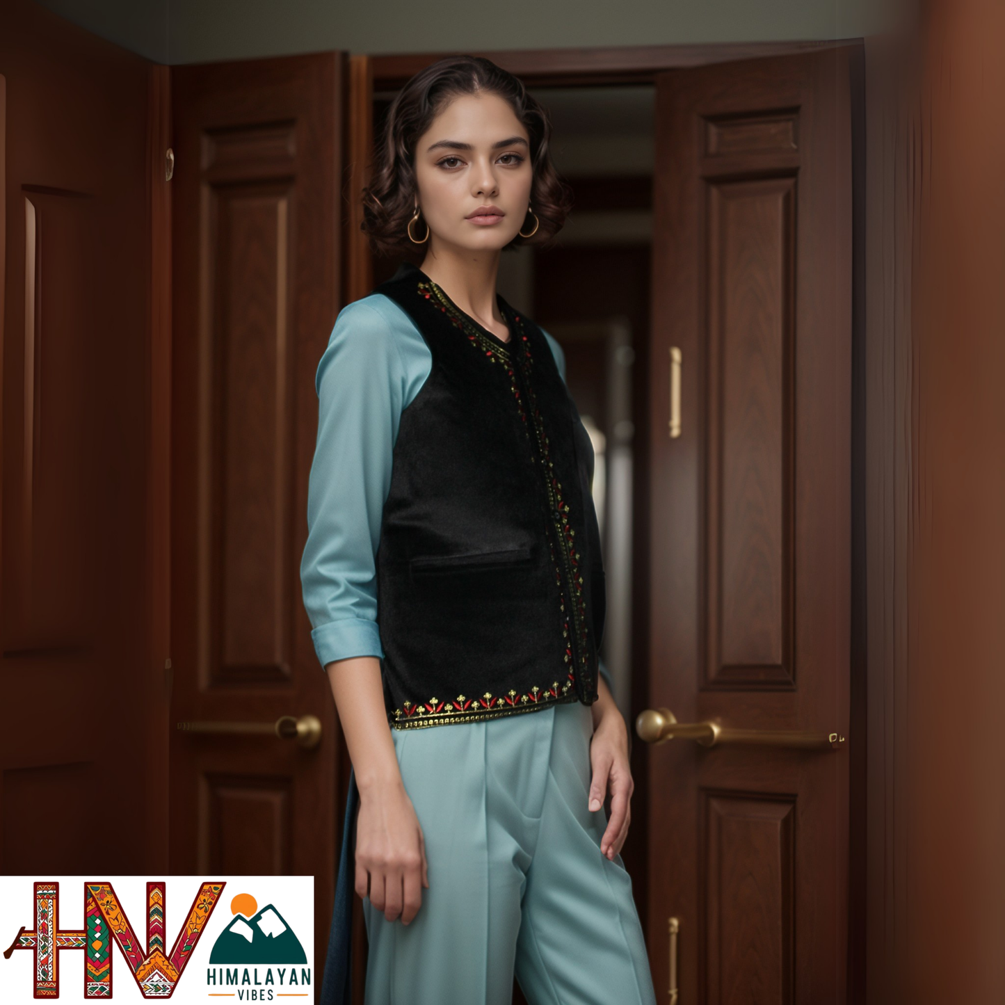 Handcrafted-Embroidered Black Himachali Sadri (Jacket) for Women - Martin Fabric Ethnic Half Jacket with Pockets