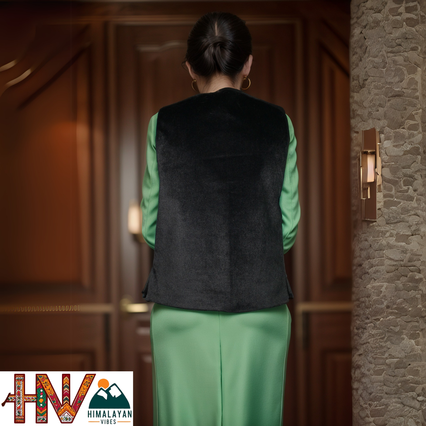 Handcrafted-Embroidered Black Himachali Sadri (Jacket) for Women - Martin Fabric Ethnic Half Jacket with Pockets