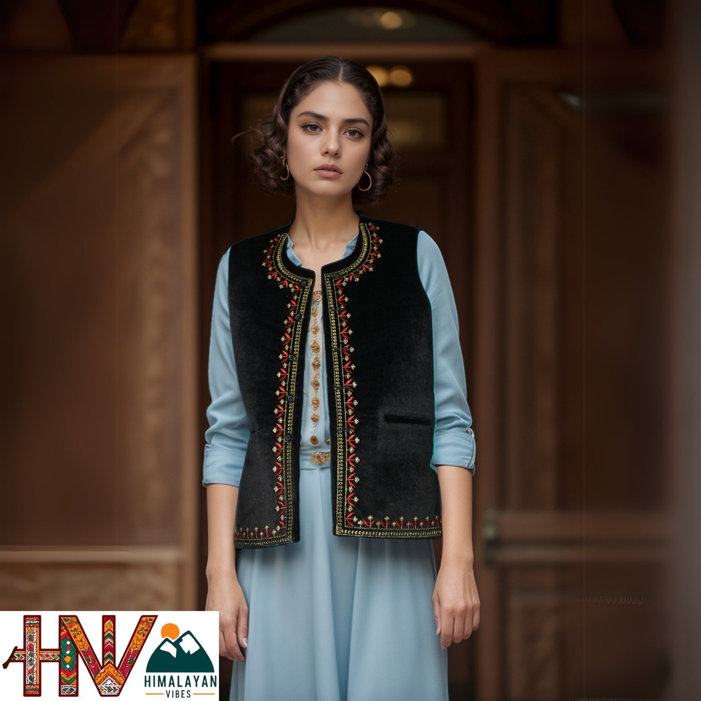 Handcrafted-Embroidered Black Himachali Sadri (Jacket) for Women - Martin Fabric Ethnic Half Jacket with Pockets
