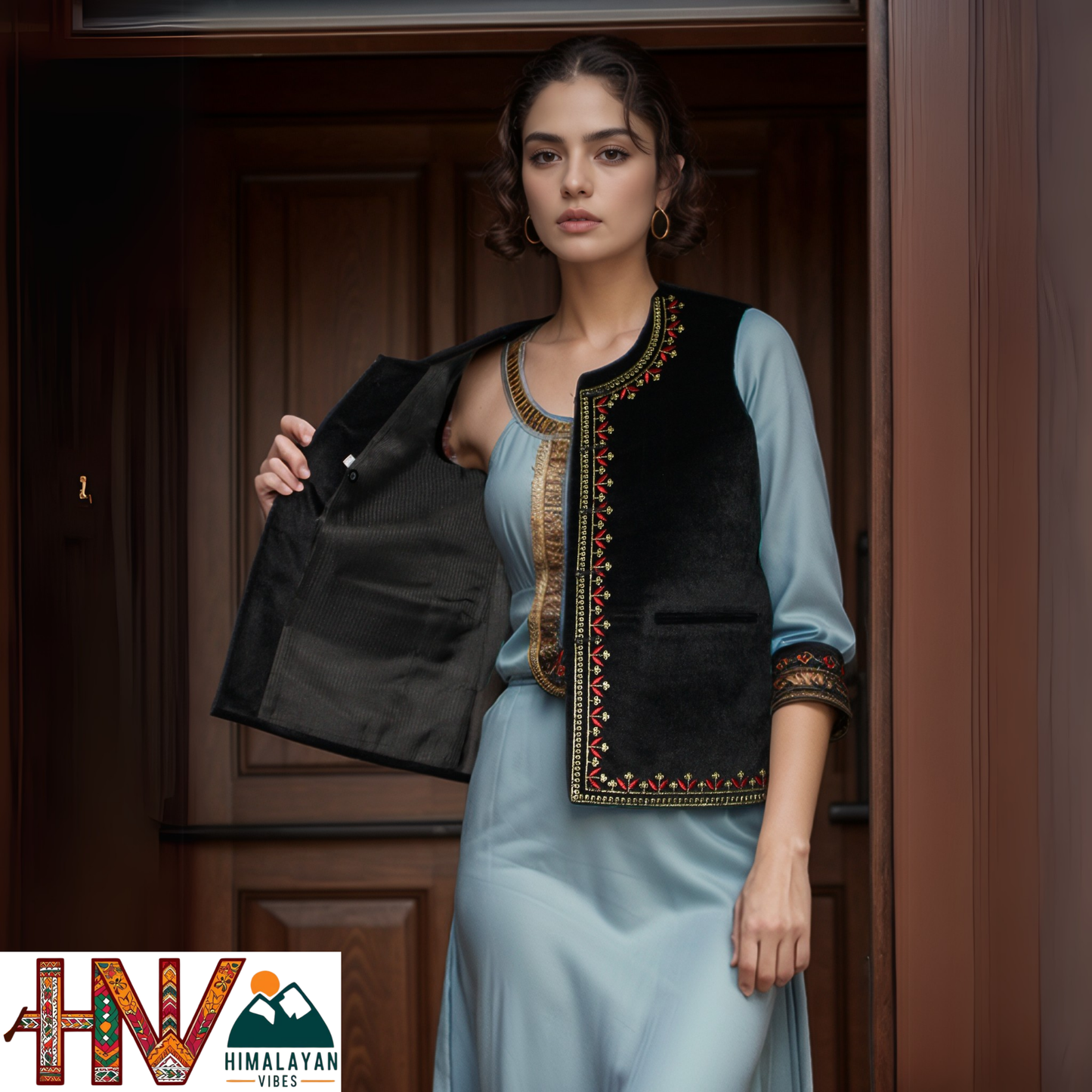 Handcrafted-Embroidered Black Himachali Sadri (Jacket) for Women - Martin Fabric Ethnic Half Jacket with Pockets