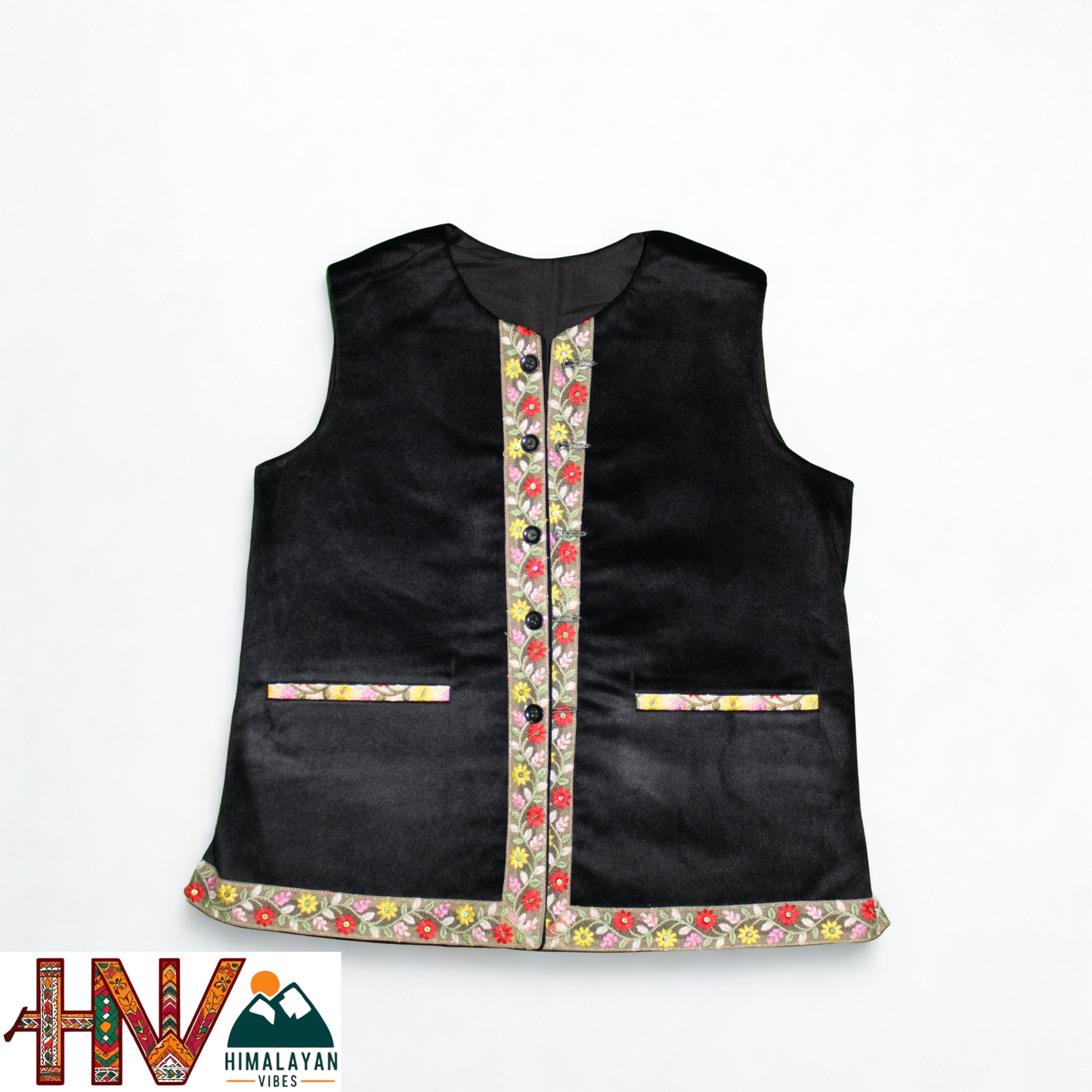 Himachali Black Sadri with embroidered Lace for Women - Martin Fabric Ethnic Half Jacket with Pockets