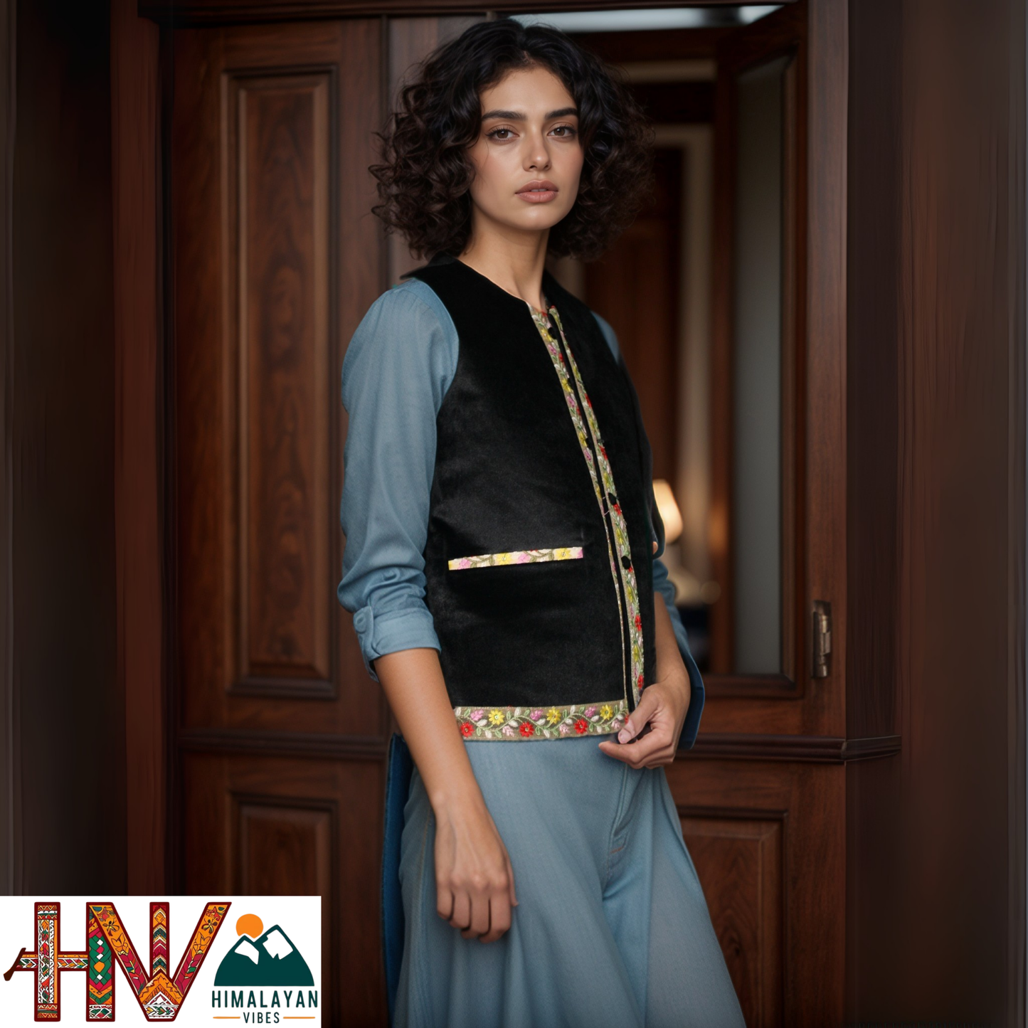 Himachali Black Sadri with embroidered Lace for Women - Martin Fabric Ethnic Half Jacket with Pockets
