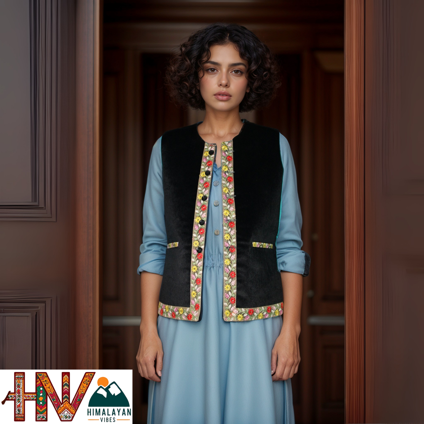 Himachali Black Sadri with embroidered Lace for Women - Martin Fabric Ethnic Half Jacket with Pockets