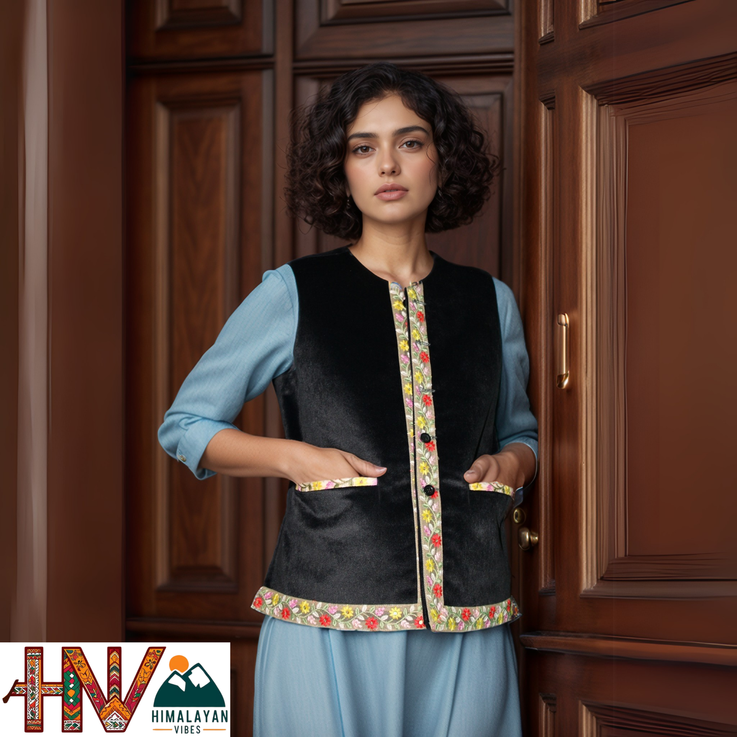 Himachali Black Sadri with embroidered Lace for Women - Martin Fabric Ethnic Half Jacket with Pockets