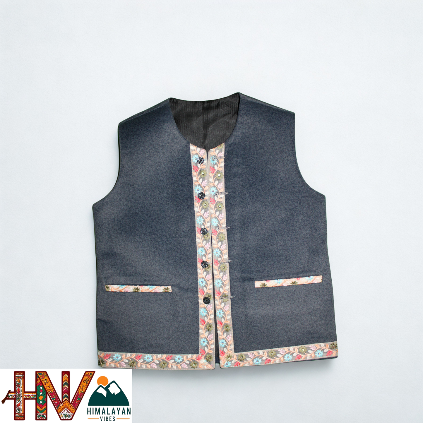Himachali Blue Sadri with embroidered Lace for Women - Martin Fabric Ethnic Half Jacket with Pockets