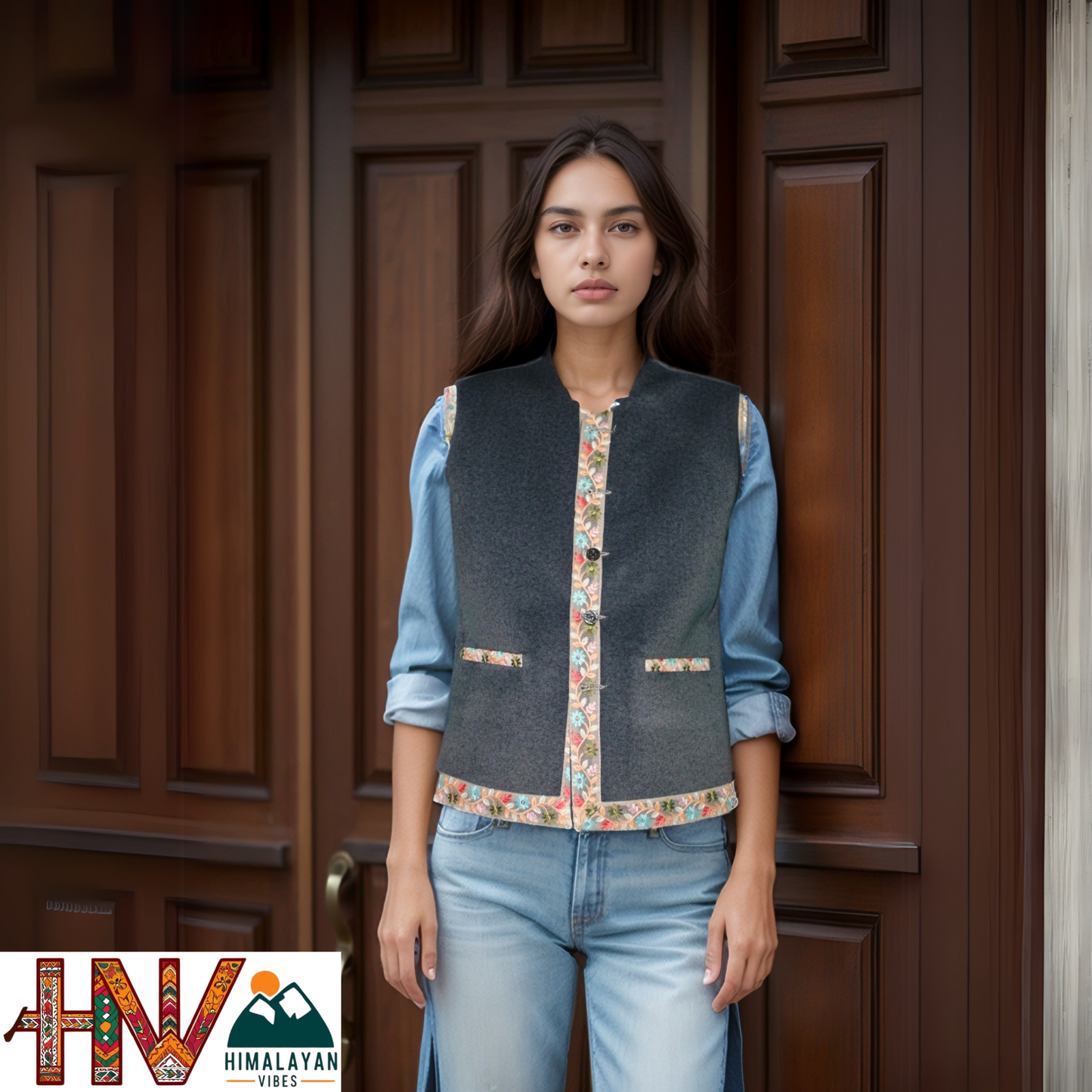 Himachali Blue Sadri with embroidered Lace for Women - Martin Fabric Ethnic Half Jacket with Pockets