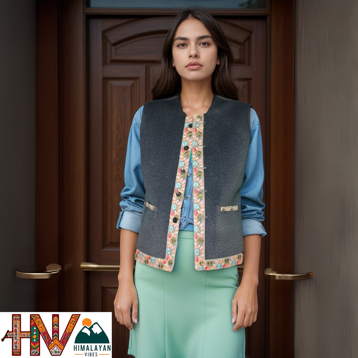 Himachali Blue Sadri with embroidered Lace for Women - Martin Fabric Ethnic Half Jacket with Pockets