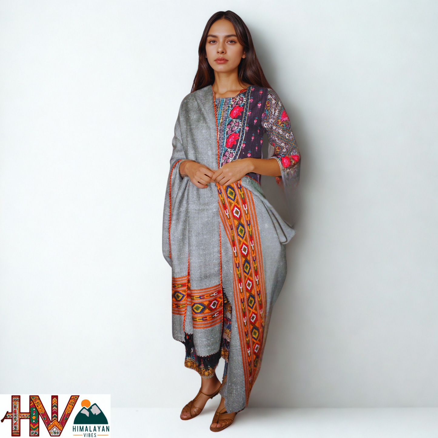 Handwoven Grey Kullu Shawl – With Intricate Design Patti & Traditional Himalayan Craftsmanship