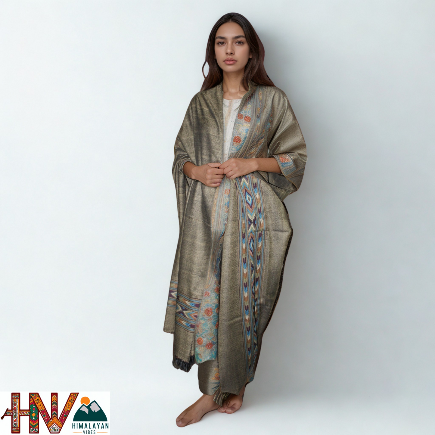 Handwoven Olive Green Kullu Shawl – With Intricate Design Patti & Traditional Himalayan Craftsmanship