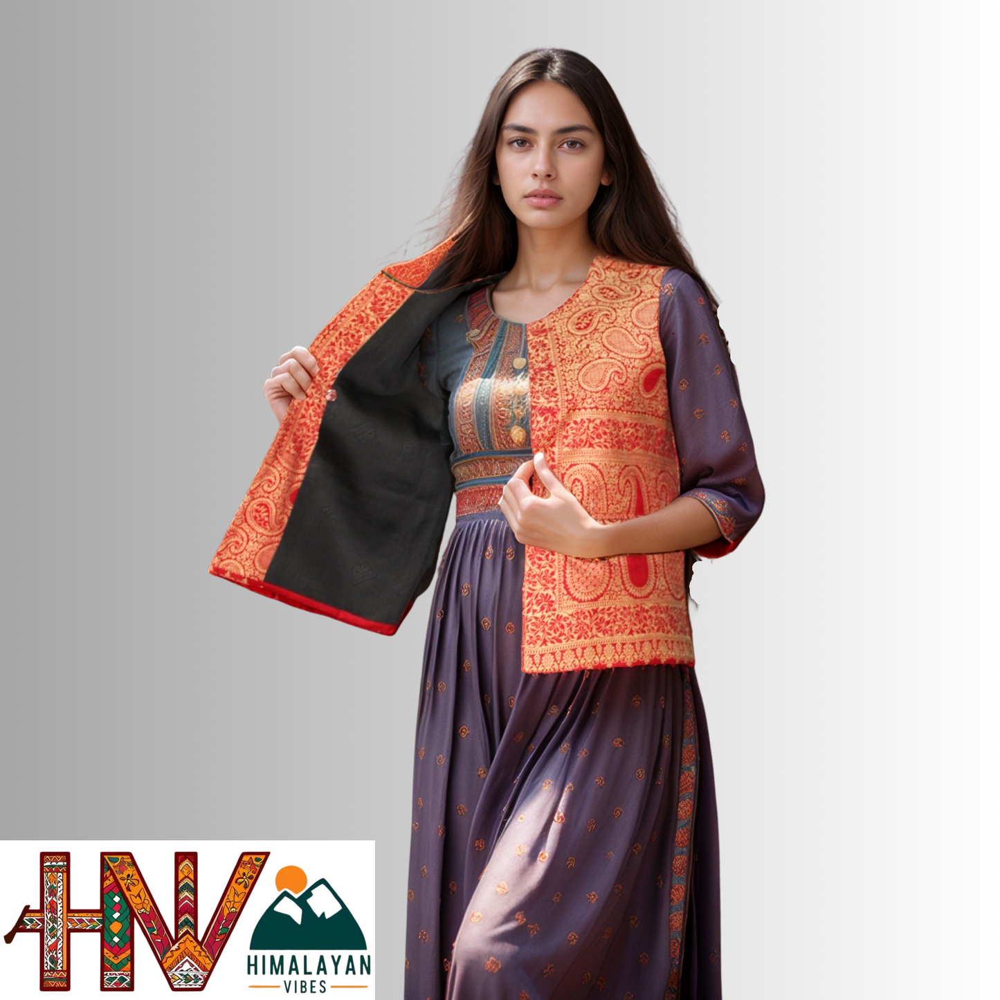 Women Pashmina Blend Red Color Himachali Sadri with Floral pattern – Traditional Waistcoat by Himalayan Vibes