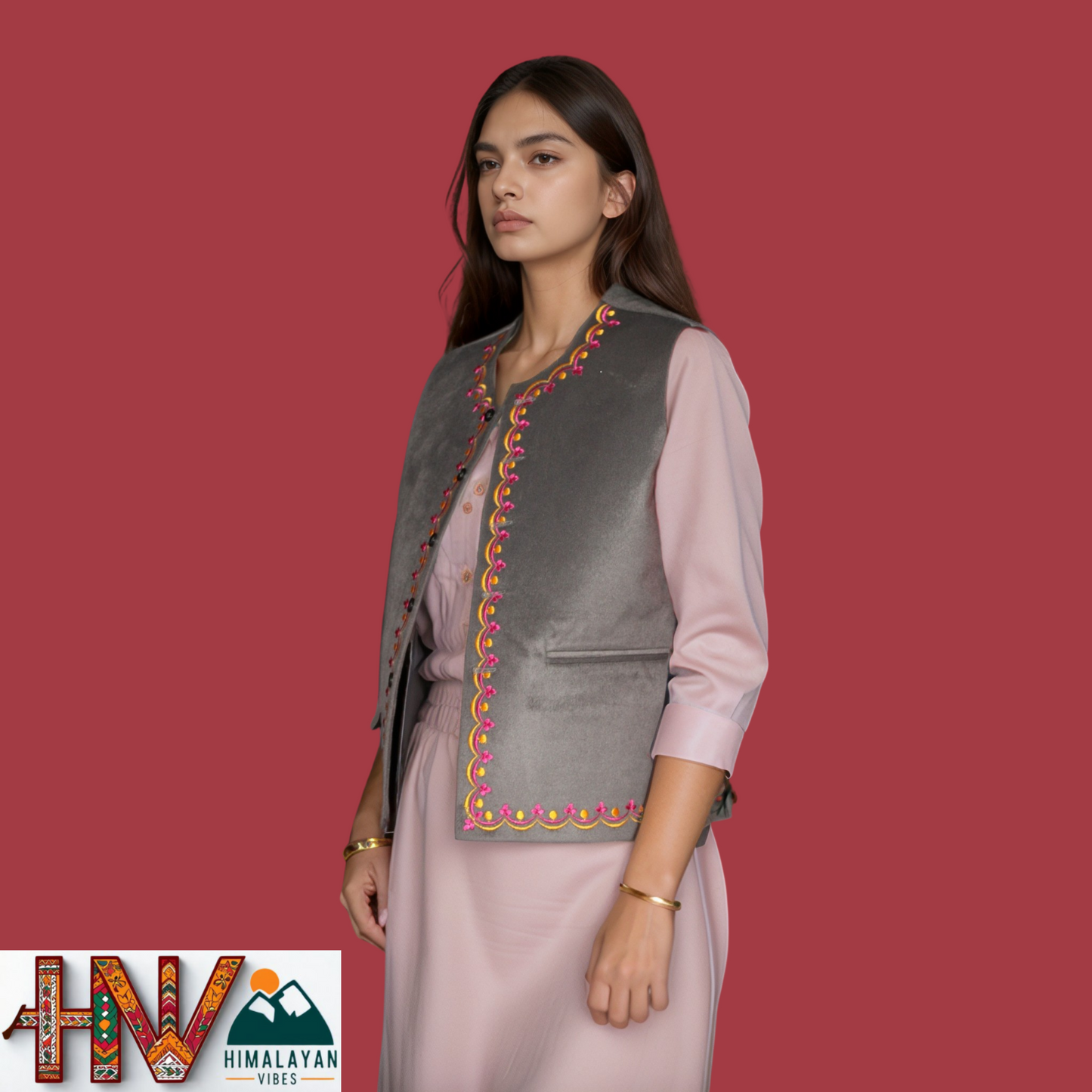 Hand-Embroidered Dark Grey Himachali Sadri (Jacket) for Women - Martin Fabric Ethnic Half Jacket with Pockets