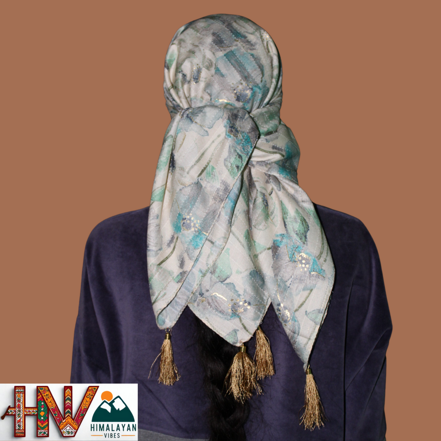 Rayon Cream Color Himachali Dhatu with Grey Print  - Handcrafted Traditional Head Scarf from Himalayas
