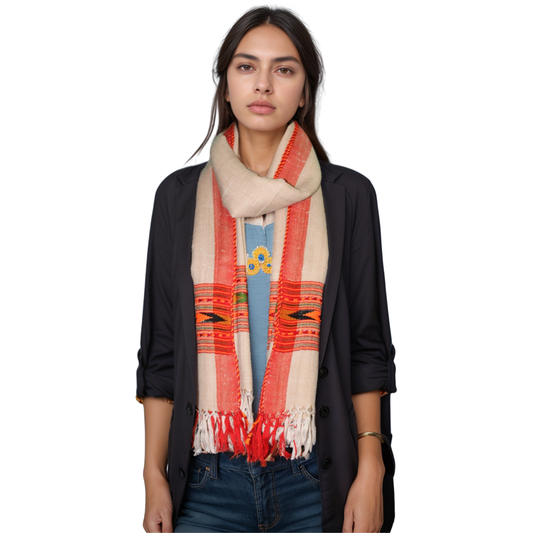 Handwoven Himalayan Light Caramel Wool Stole – Red & Orange Striped with Geometric Motif Border By Himalayan Vibes