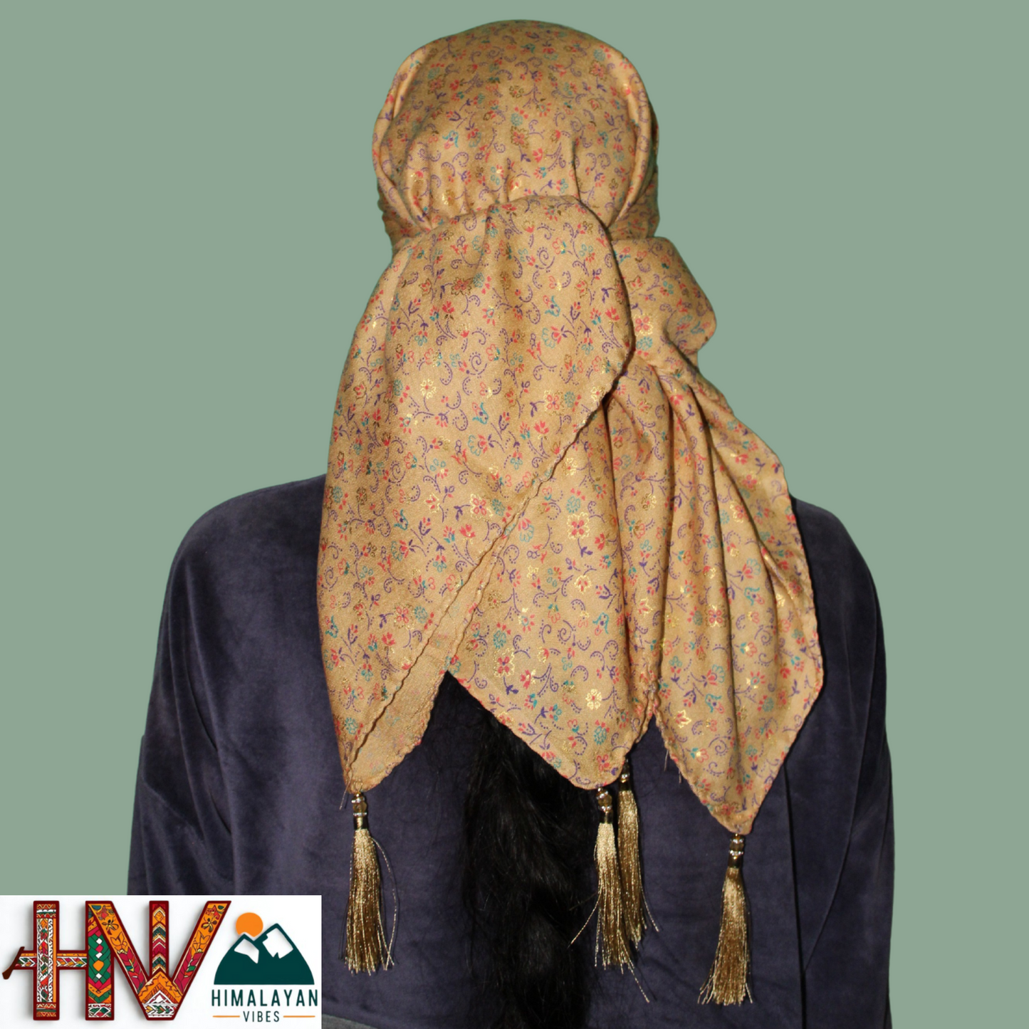 Alpine Tan Color Printed Gold  Himachali Dhatu - Handcrafted Traditional Head Scarf from Himalayas