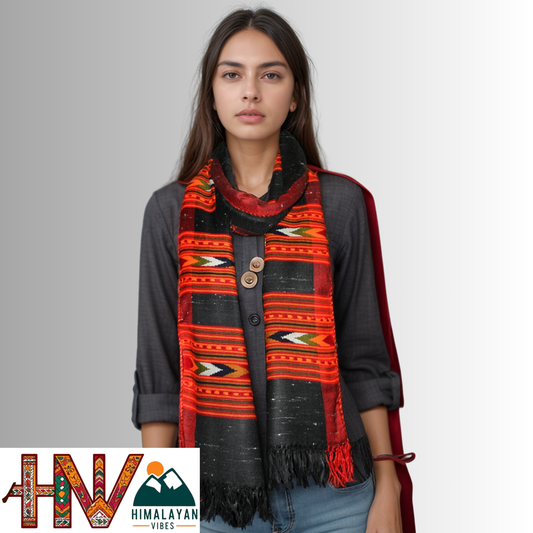 Handwoven black Kullu Woolen Stole with Traditional Kullu 3 Patti Design in Vibrant Red Border– Handwoven Elegance By Himalayan Vibes