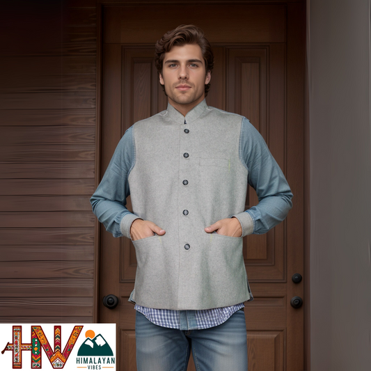 Handcrafted Grey Woolen Jacket for Men | Traditional Himachali Craft | Stylish Winter & Formal Wear
