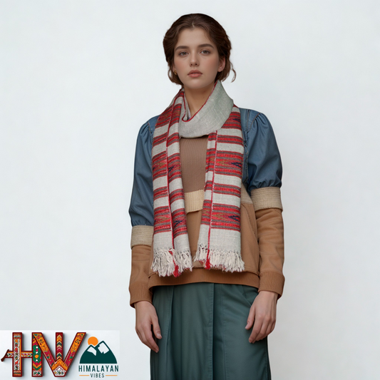 Handwoven Himalayan Grey Wool Stole – Red & Grey Striped with Geometric Motif Border