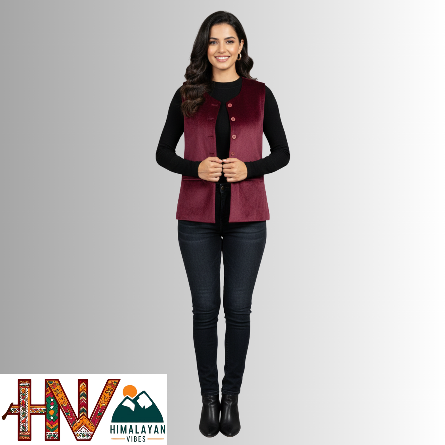 Himachali Plain Wine red Sadri for Women - Martin Fabric Ethnic Half Jacket with Pockets