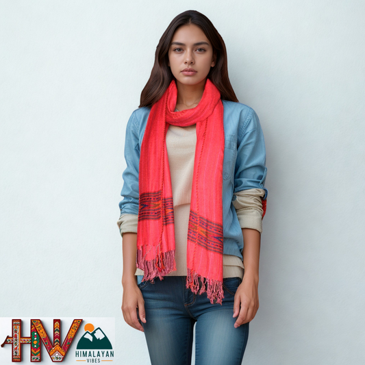 Handwoven Himalayan Red Wool Stole – Red & Blue Striped with Geometric Motif Border