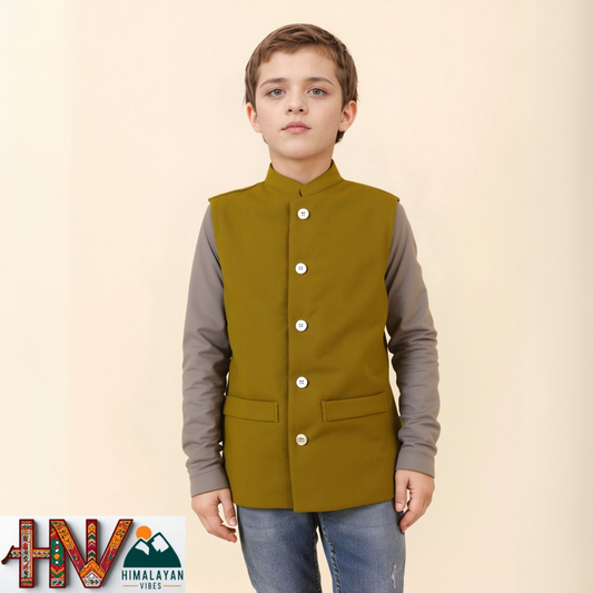 Handmade Dark Yellow Woolen Jacket for Kids| Traditional Himachali Craft | Stylish Winter & Casual Wear
