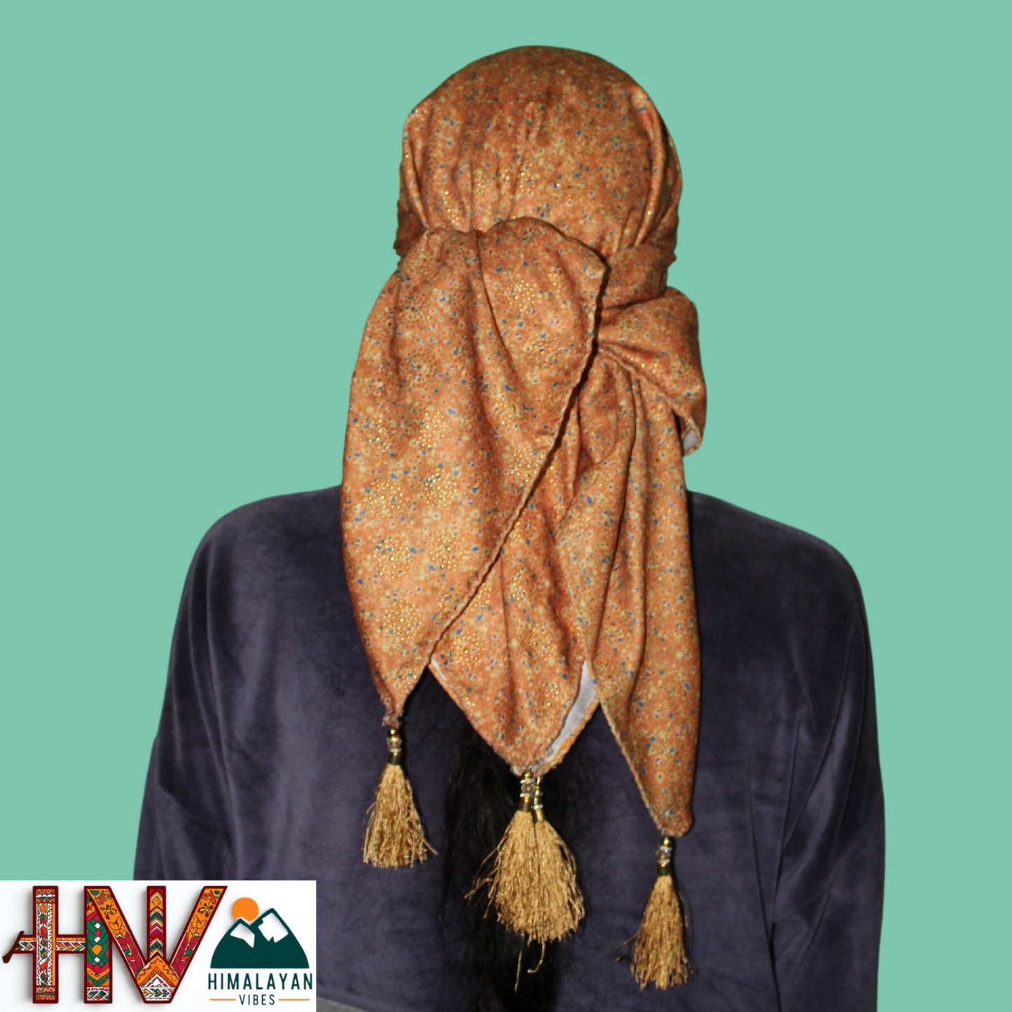 Alpine Caramel Color Printed Gold  Himachali Dhatu - Handcrafted Traditional Head Scarf from Himalayas