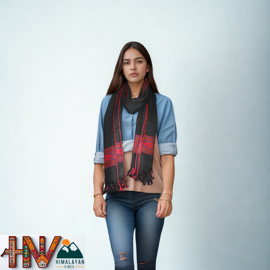 Handwoven Himalayan Black Wool Stole – Red & Blue Striped with Geometric Motif Border