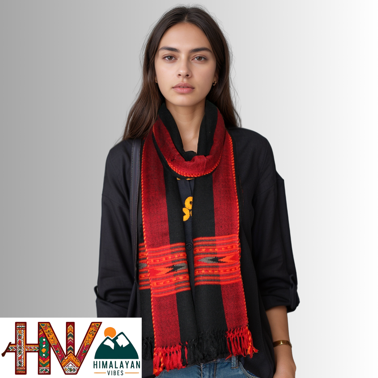 Handwoven Black Kullu Woolen Stole with Traditional Kullu Patti Design in Vibrant Red Border– Handwoven Elegance By Himalayan Vibes