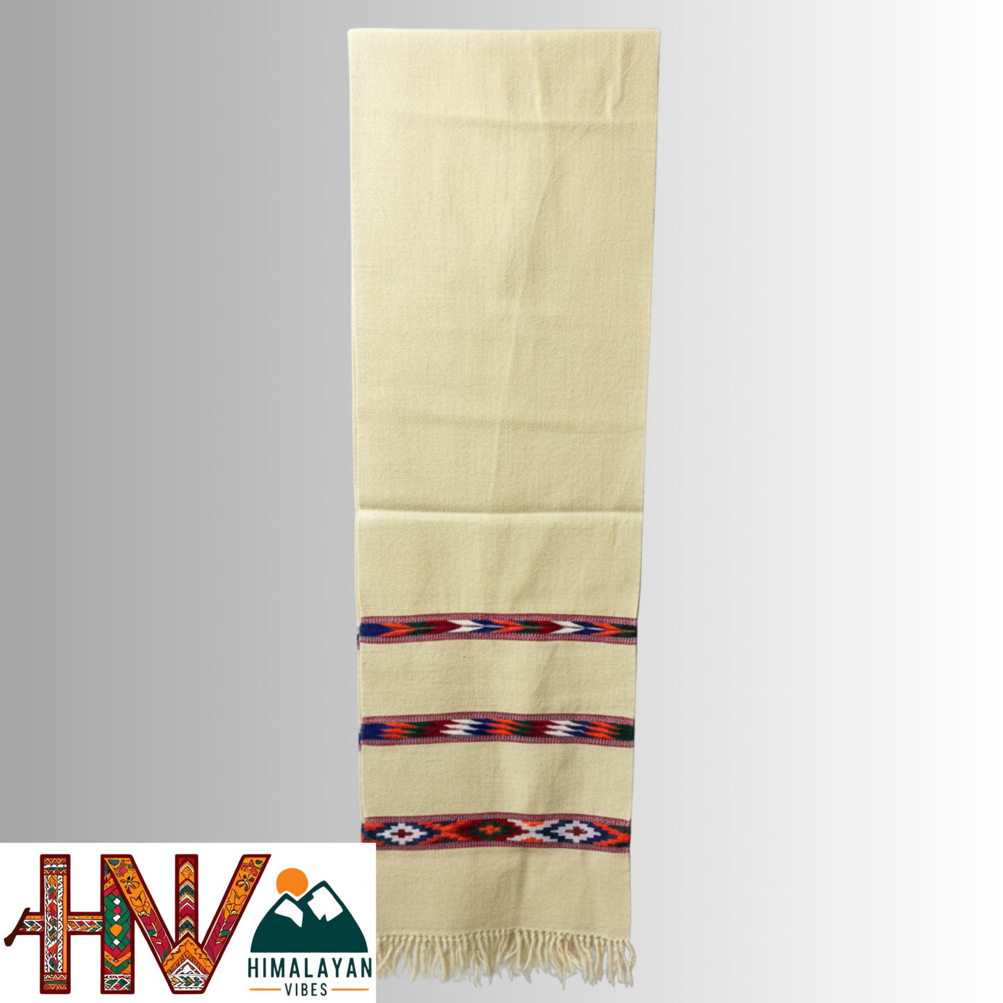 Handwoven Cream Woolen Muffler | Triple Kullu Patti Traditional Geometric Design By Himalayan Vibes
