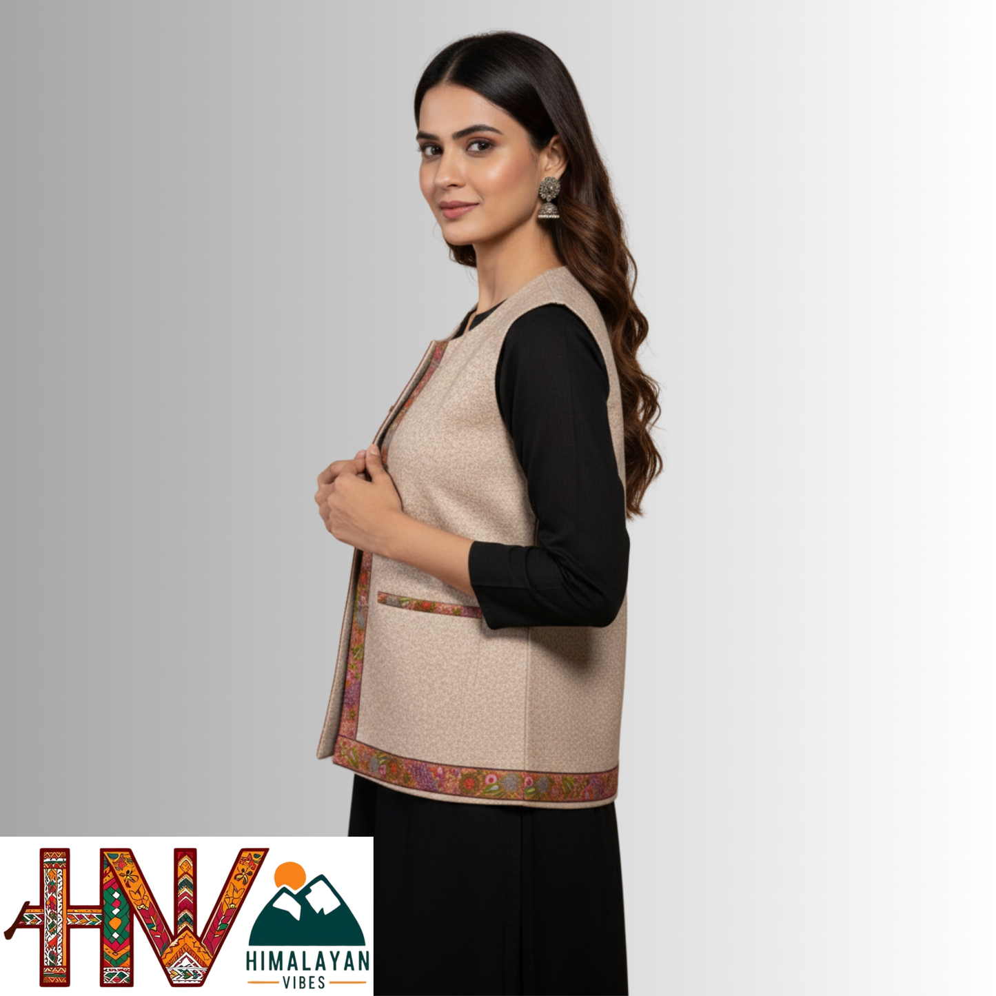 Himachali Cream Sadri with embroidered Lace for Women - Martin Fabric Ethnic Half Jacket with Pockets