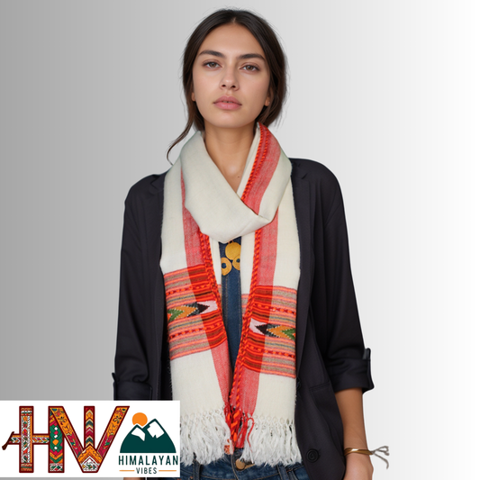 Handwoven Off-White Kullu Woolen Stole with Traditional Kullu Patti Design and Red Border– Handwoven Elegance By Himalayan Vibes
