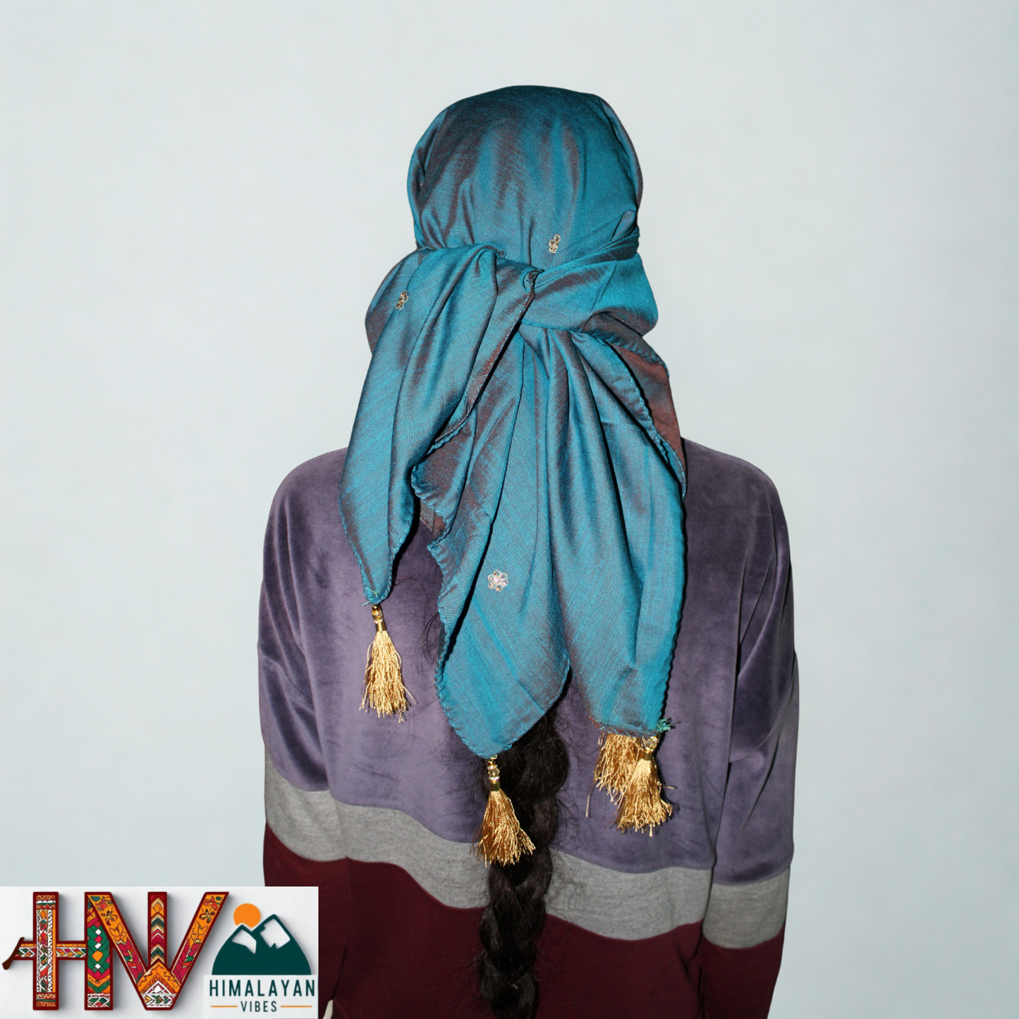 Handcrafted Himachali Teal Blue Dhatu with Gold Embroidery – A Unique Embroidered Head Scarf