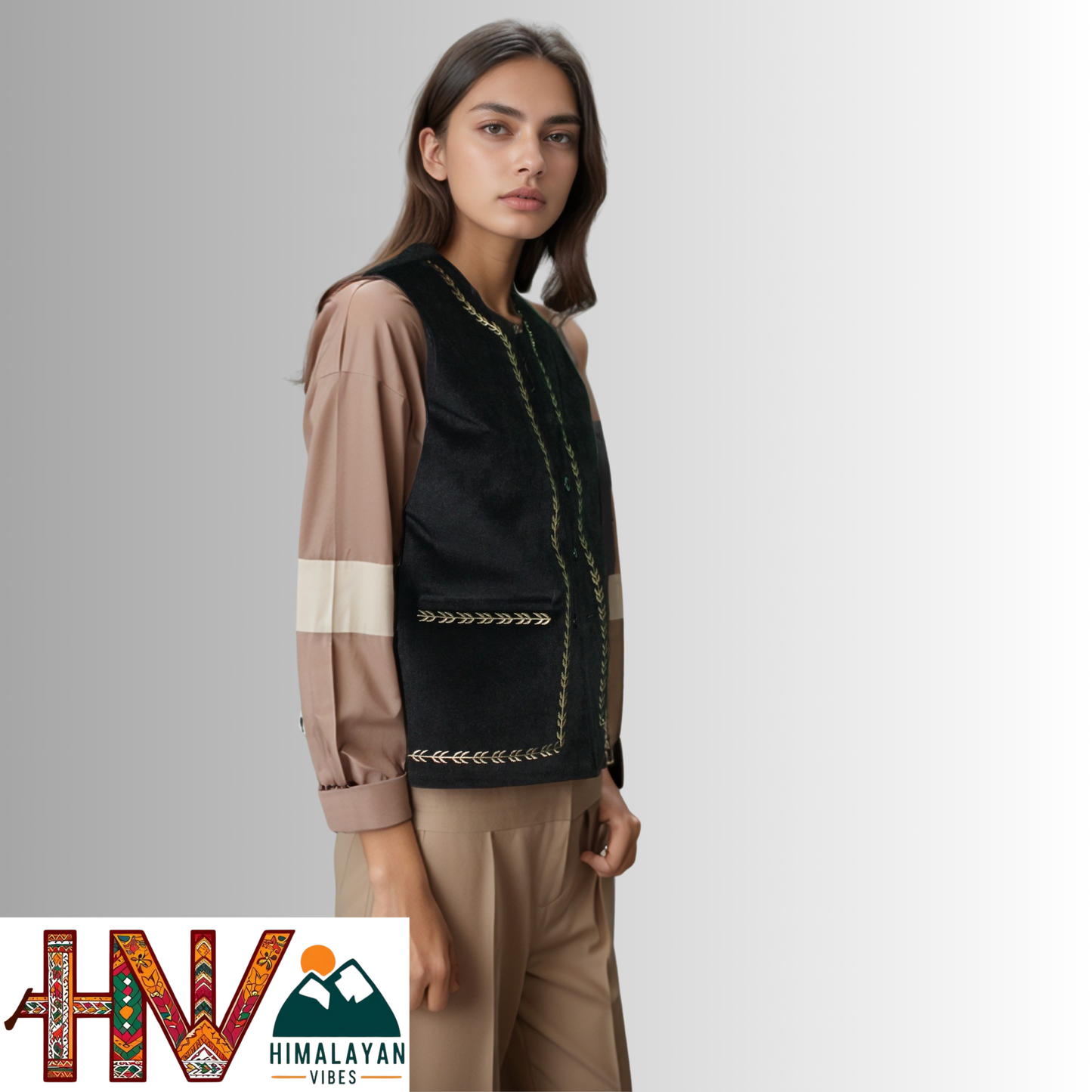 Handcrafted-Simple Embroidered Black Himachali Sadri (Jacket) for Women - Martin Fabric Ethnic Half Jacket with Pockets