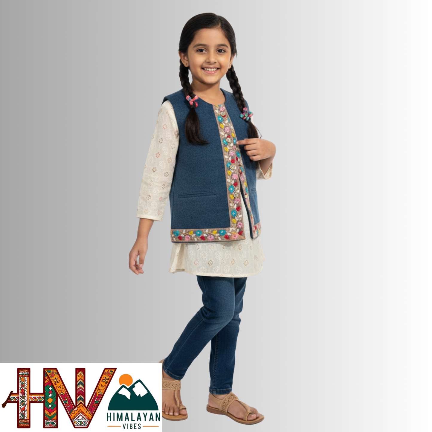 Girls Sleeveless Navy Blue Woolen Sadri Jacket in Martin Fabric – Himachali Handcrafted Ethnic Wear with Colorful Floral Embroidery
