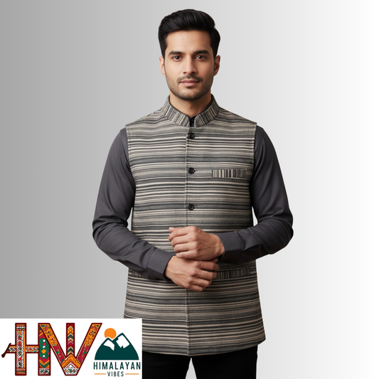 Handcrafted Himalayan Vibes Stone grey Woolen Nehru Jacket for Men | Traditional Himachali Craft | Stylish Winter & Formal Wear