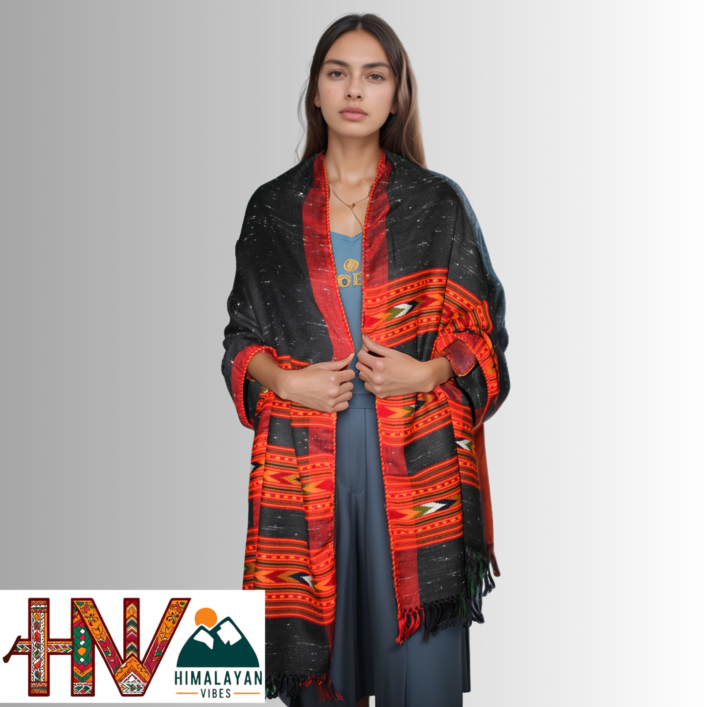Handwoven black Kullu Woolen Stole with Traditional Kullu 3 Patti Design in Vibrant Red Border– Handwoven Elegance By Himalayan Vibes